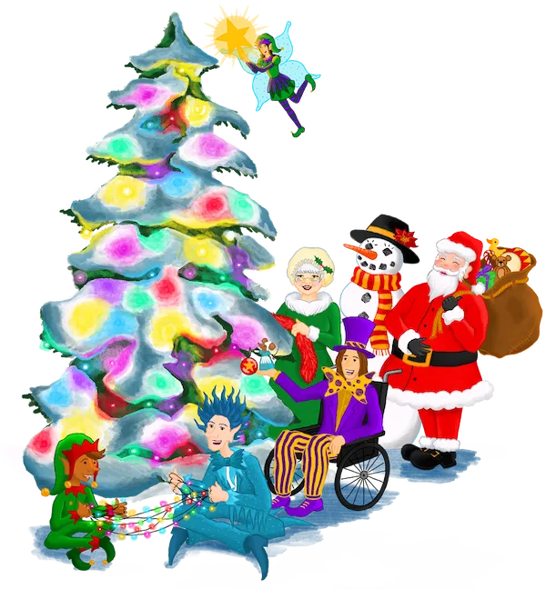 Illustration of Father Christmas and his friends gathering around a snowy Christmas tree at night.