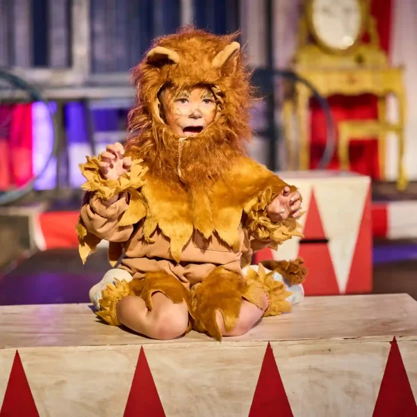A 6-year-old actor dressed as a lion, growling while kneeling on top of a wooden box, on a theatre set covered in red and white circus stripes.