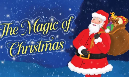 Illustration of Father Christmas smiling next to the words 'The Magic of Christmas'