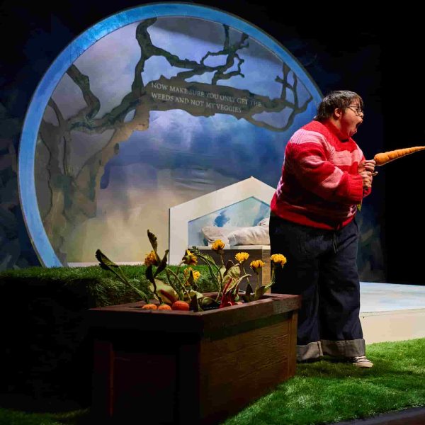 An actor in a red and pink stripy jumper holds a carrot and looks shocked on a theatre stage dressed to look like a garden.