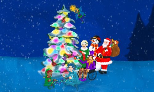 Illustration of Father Christmas and his friends gathering around a snowy Christmas tree at night.