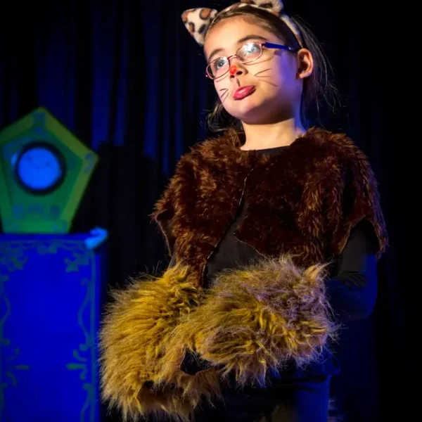 A young actor dressed as a cat and pouting.