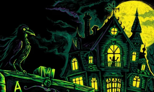 Illustration of a crow overlooking a haunted house at night.